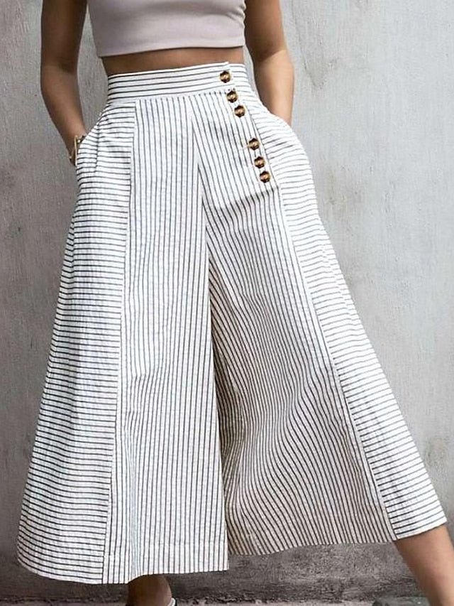 Women's Wide Leg Polyester Striped Black White Casual Daily Ankle-Length Weekend Spring & Summer