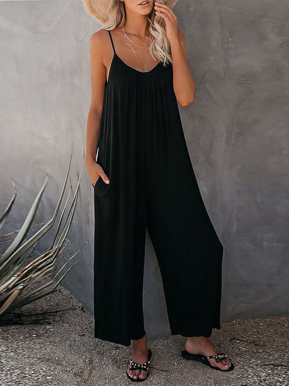 Women's Basic Daily Wide Leg Navy Blue Overall Solid Color - LuckyFash™