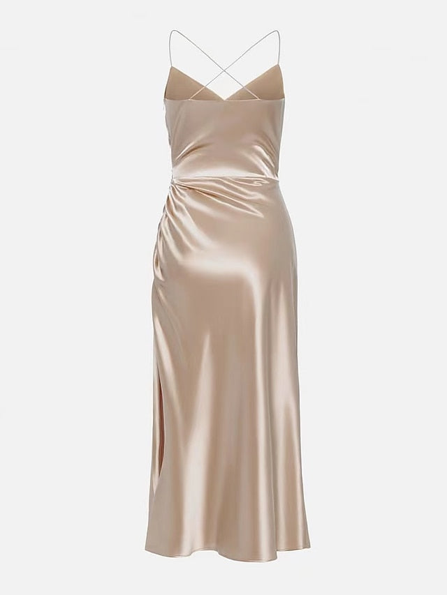 Women's Satin Dress Midi Dress Champagne Sleeveless Pure Color Split Ruched Spring Summer V Neck Stylish Elegant Sexy 2022 S M L XL - LuckyFash™