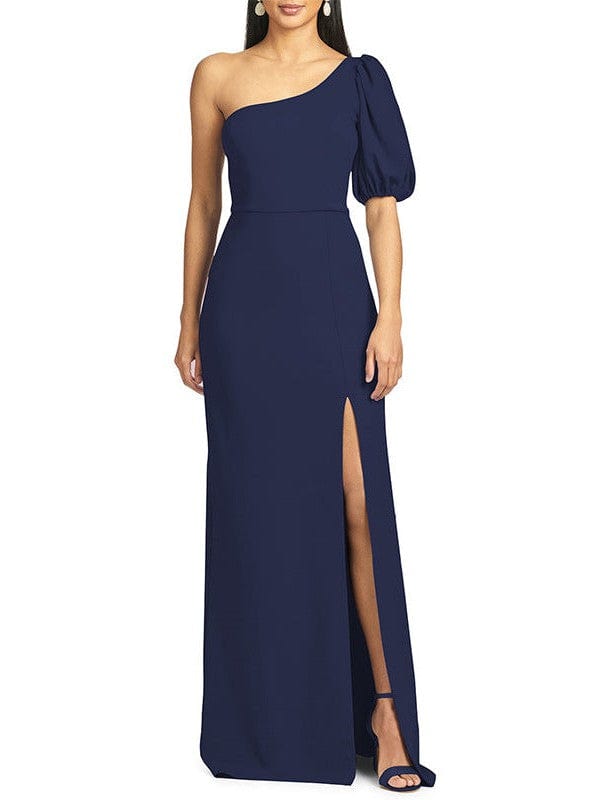 Slope Neck One-Shoulder Dress with Puff Sleeves and High Slit