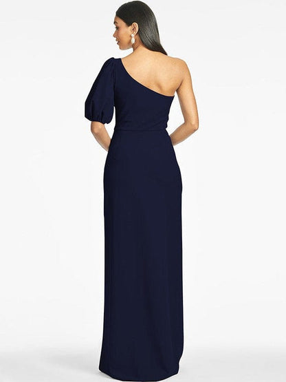 Slope Neck One-Shoulder Dress with Puff Sleeves and High Slit