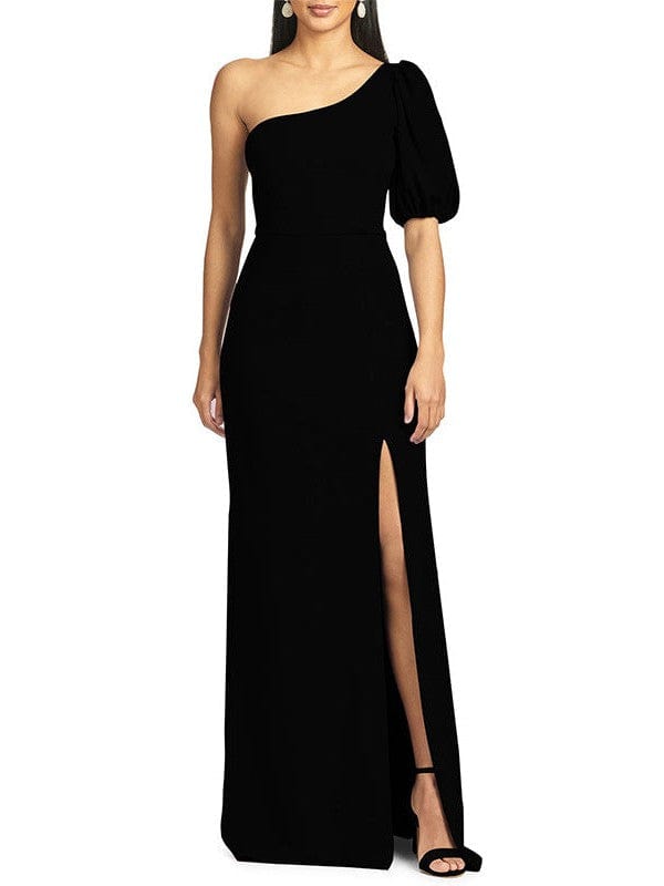 Slope Neck One-Shoulder Dress with Puff Sleeves and High Slit