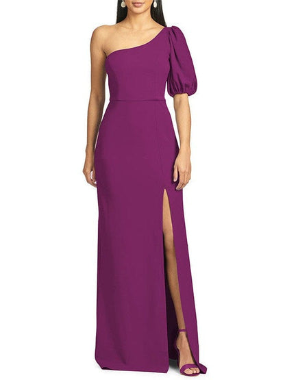 Slope Neck One-Shoulder Dress with Puff Sleeves and High Slit