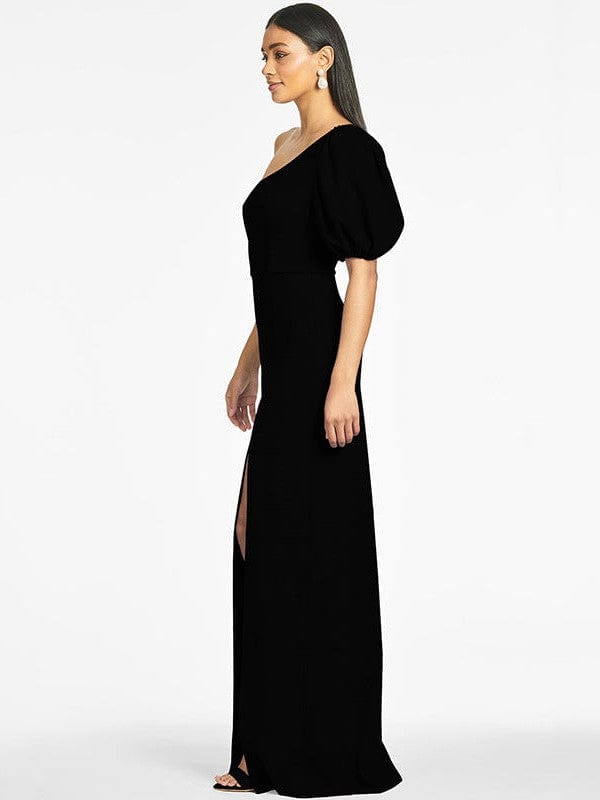 Slope Neck One-Shoulder Dress with Puff Sleeves and High Slit