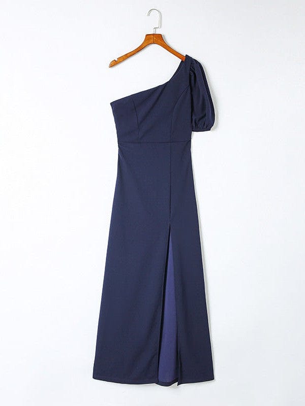 Slope Neck One-Shoulder Dress with Puff Sleeves and High Slit