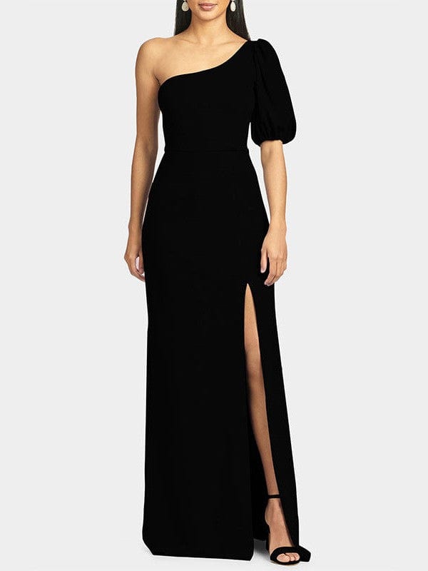 Slope Neck One-Shoulder Dress with Puff Sleeves and High Slit