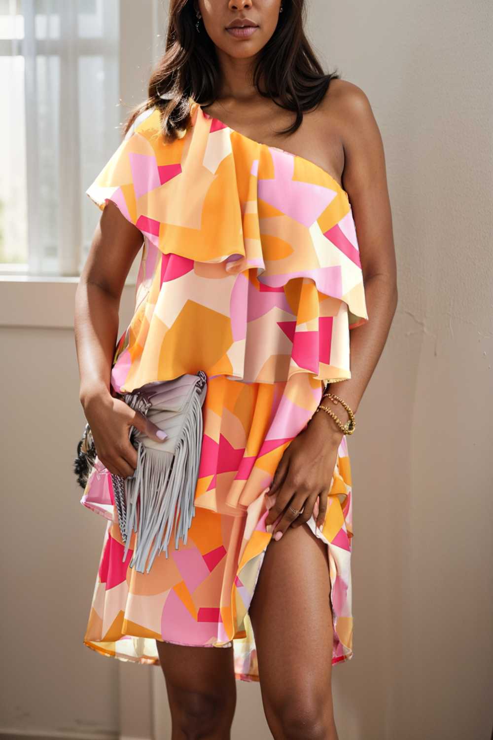 sloping shoulder ruffle print dress 110582