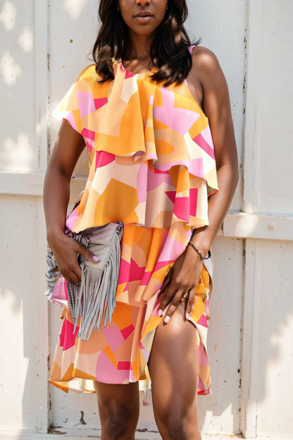 sloping shoulder ruffle print dress 110578