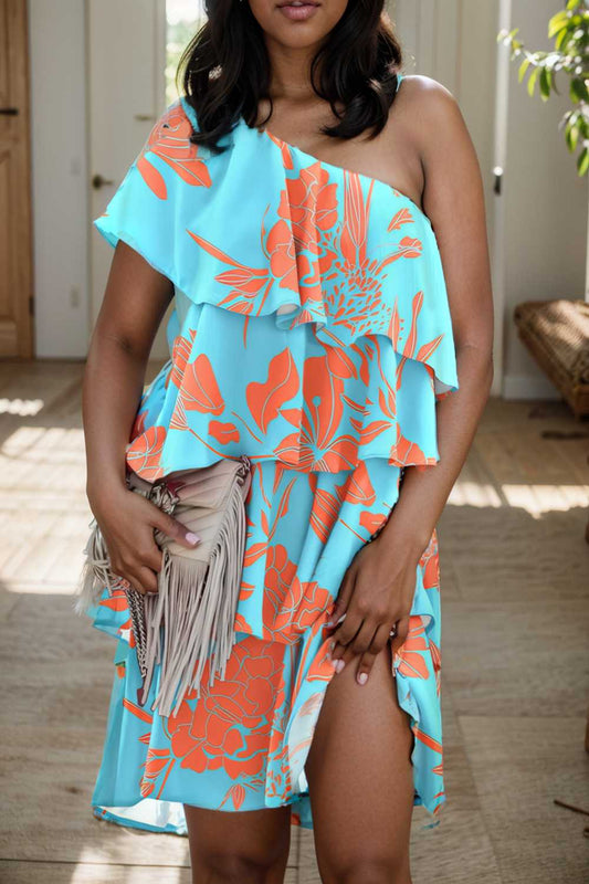 sloping shoulder ruffle print dress 111012
