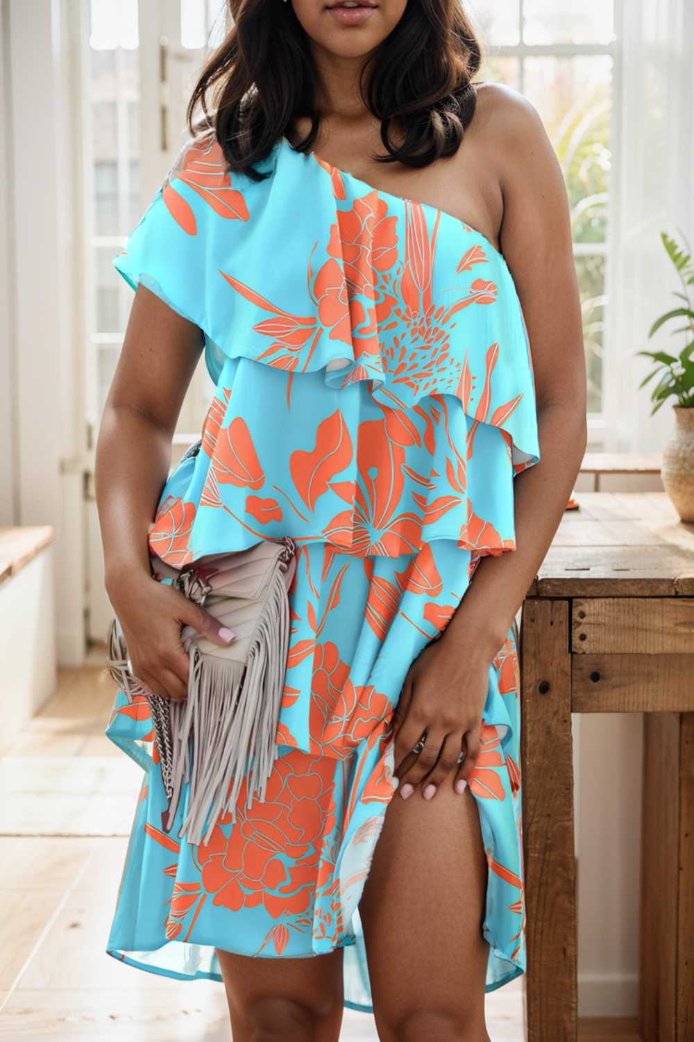 sloping shoulder ruffle print dress 110551