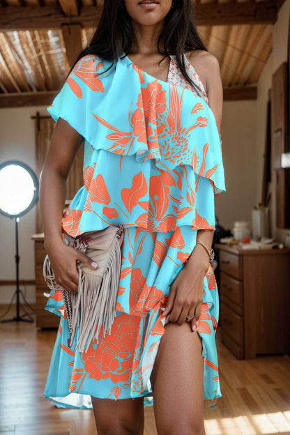 sloping shoulder ruffle print dress 110546