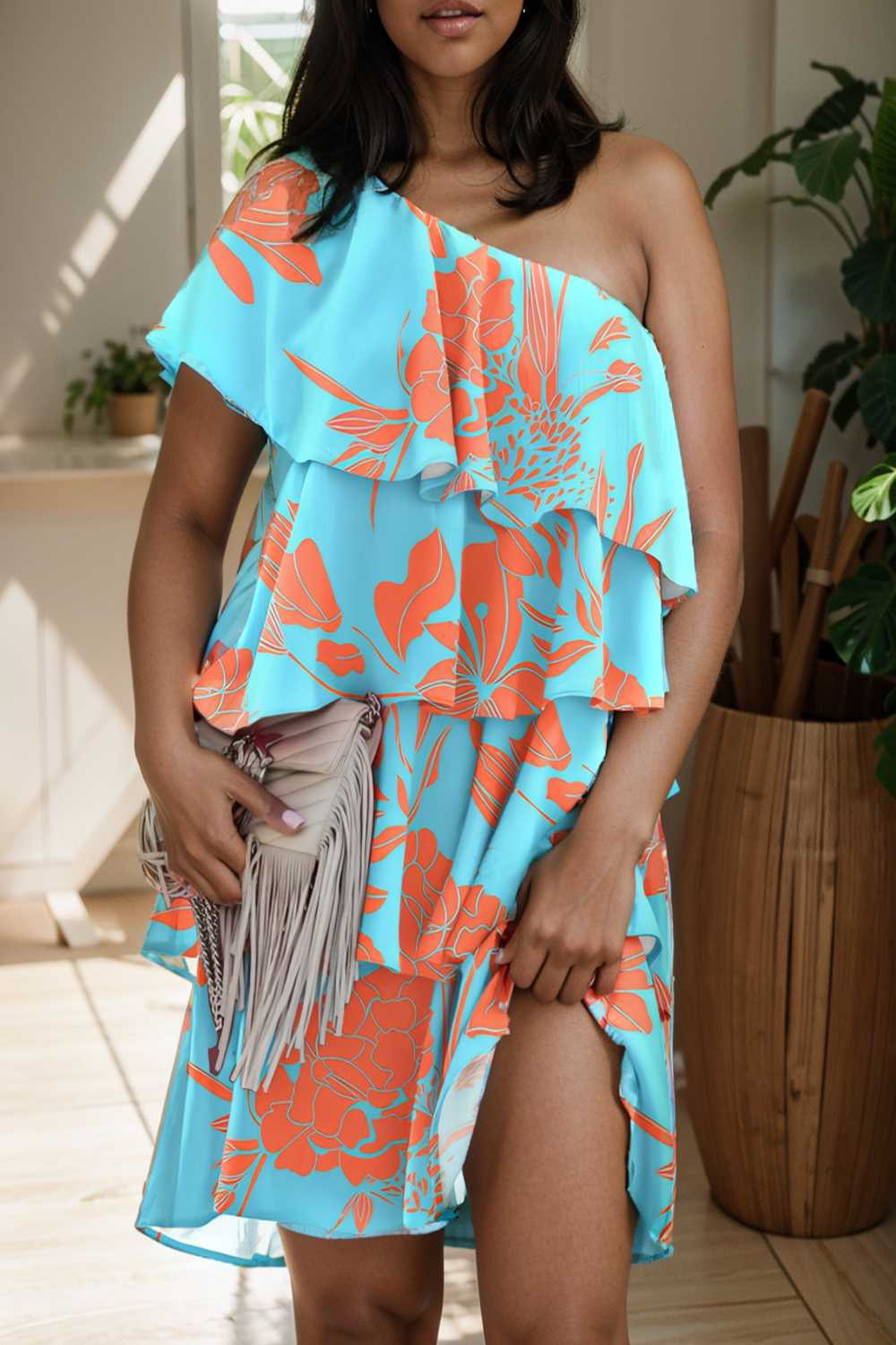 sloping shoulder ruffle print dress 110545