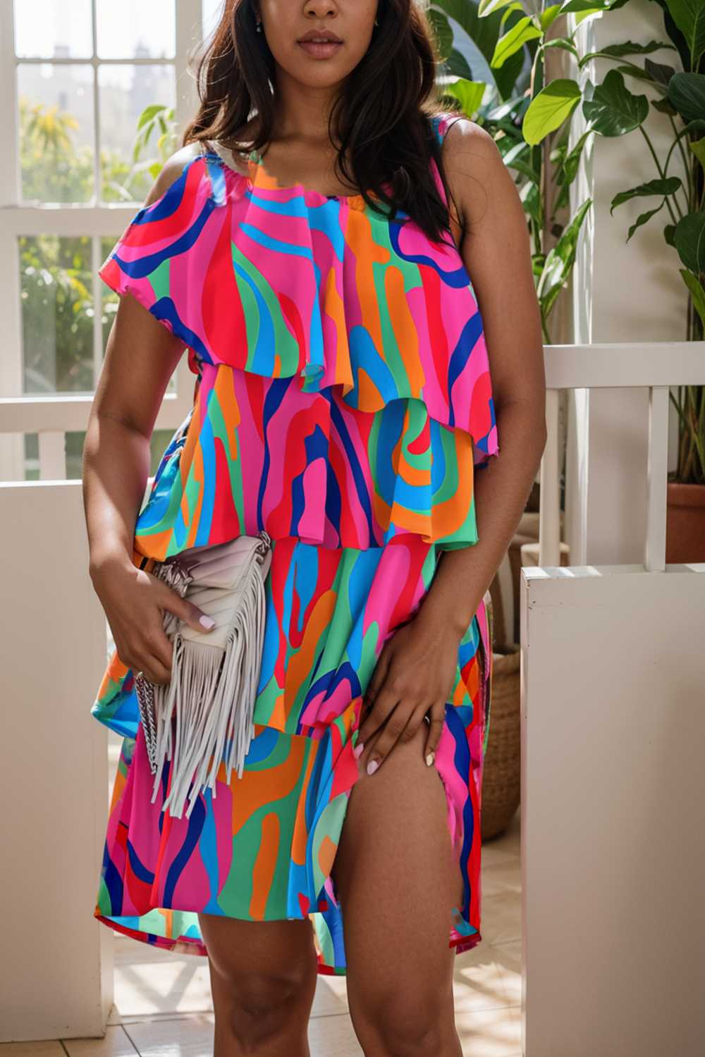 sloping shoulder ruffle print dress 110527
