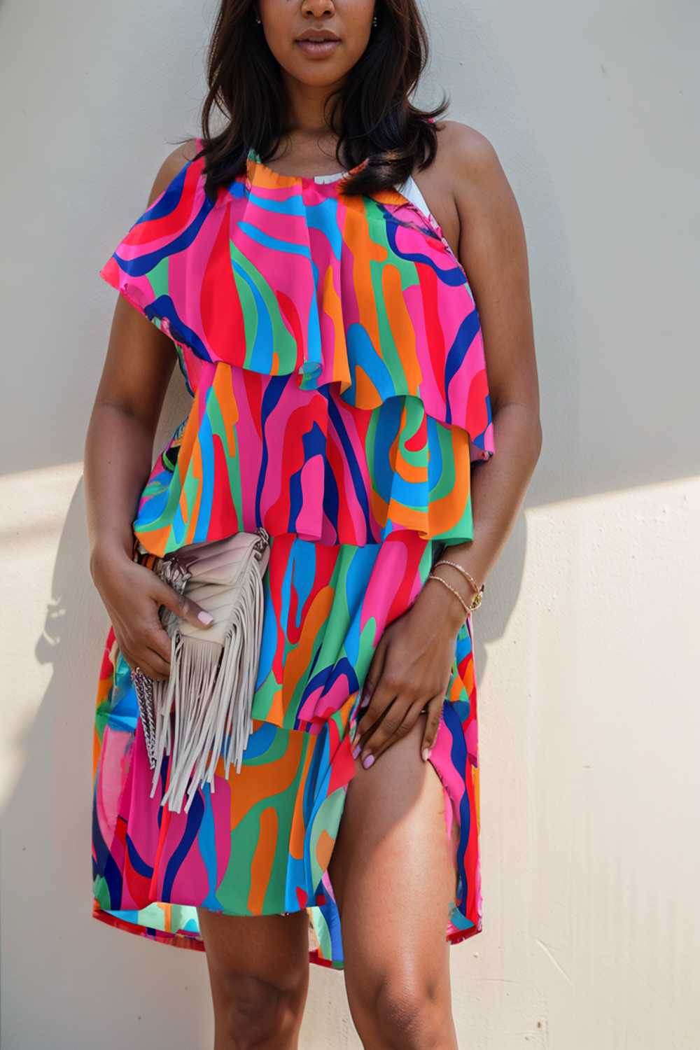 sloping shoulder ruffle print dress 110516