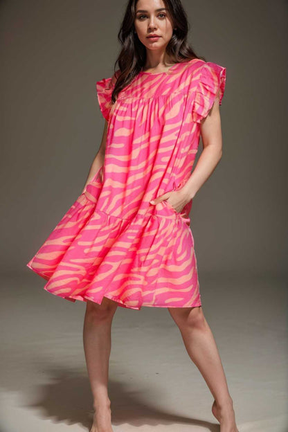 sloping shoulder ruffle print dress 111099