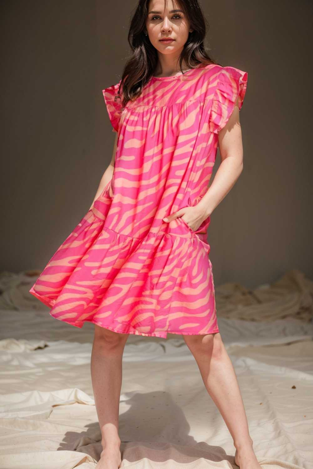 sloping shoulder ruffle print dress 106714