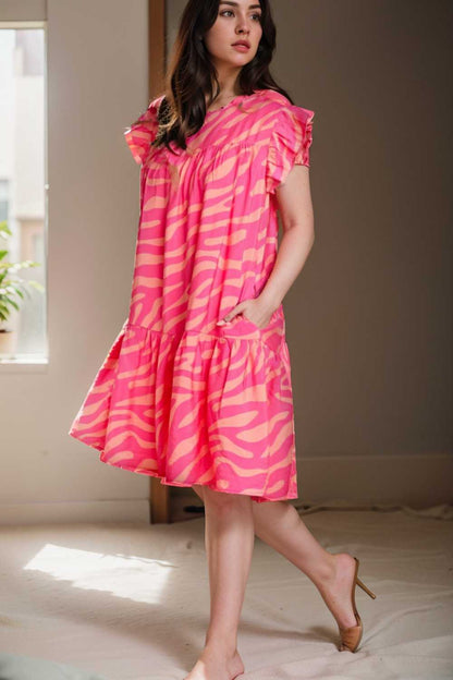 sloping shoulder ruffle print dress 106707