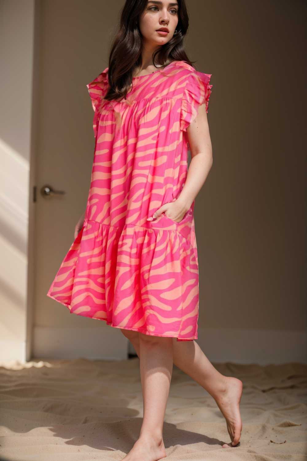 sloping shoulder ruffle print dress 110196