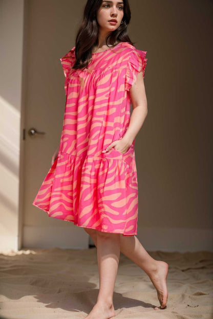 sloping shoulder ruffle print dress 110196