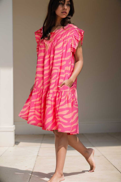 sloping shoulder ruffle print dress 108495