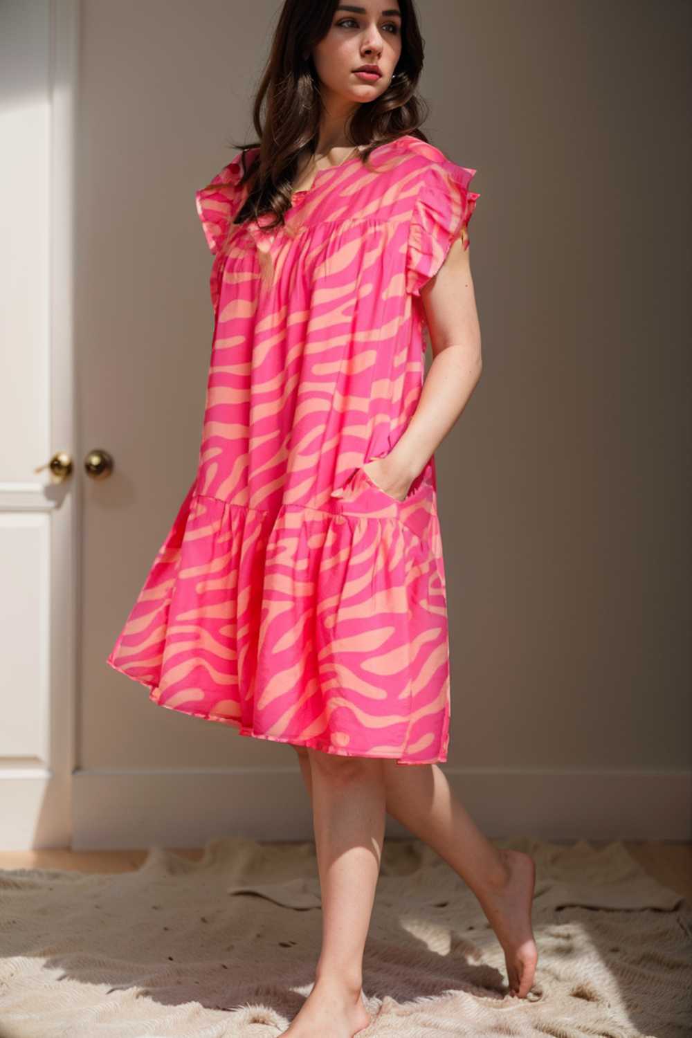 sloping shoulder ruffle print dress 106706