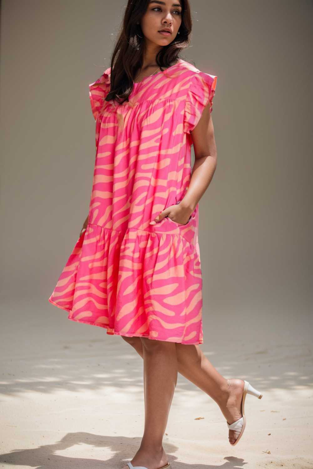 sloping shoulder ruffle print dress 106705