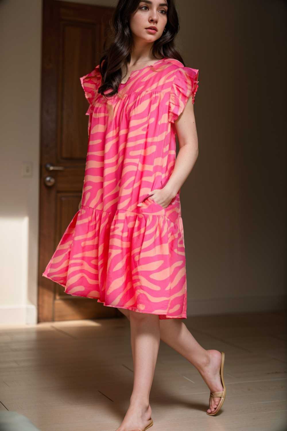 sloping shoulder ruffle print dress 106704