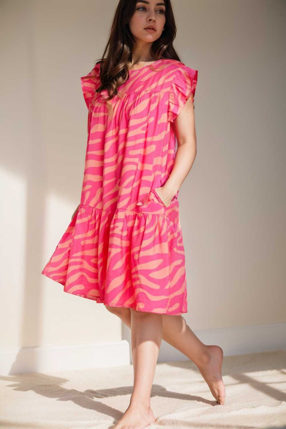 sloping shoulder ruffle print dress 106703