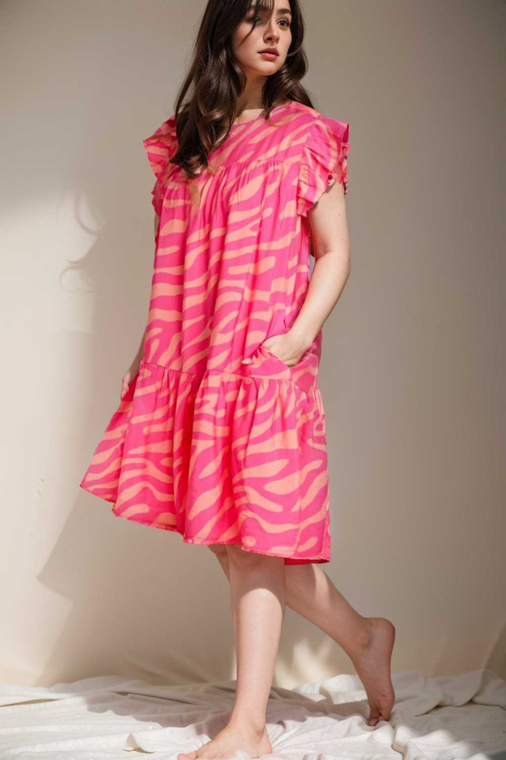 sloping shoulder ruffle print dress 106702