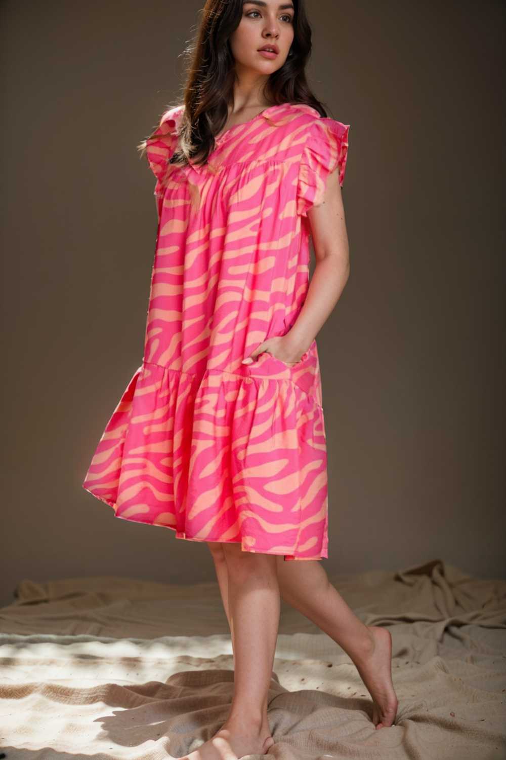 sloping shoulder ruffle print dress 106701