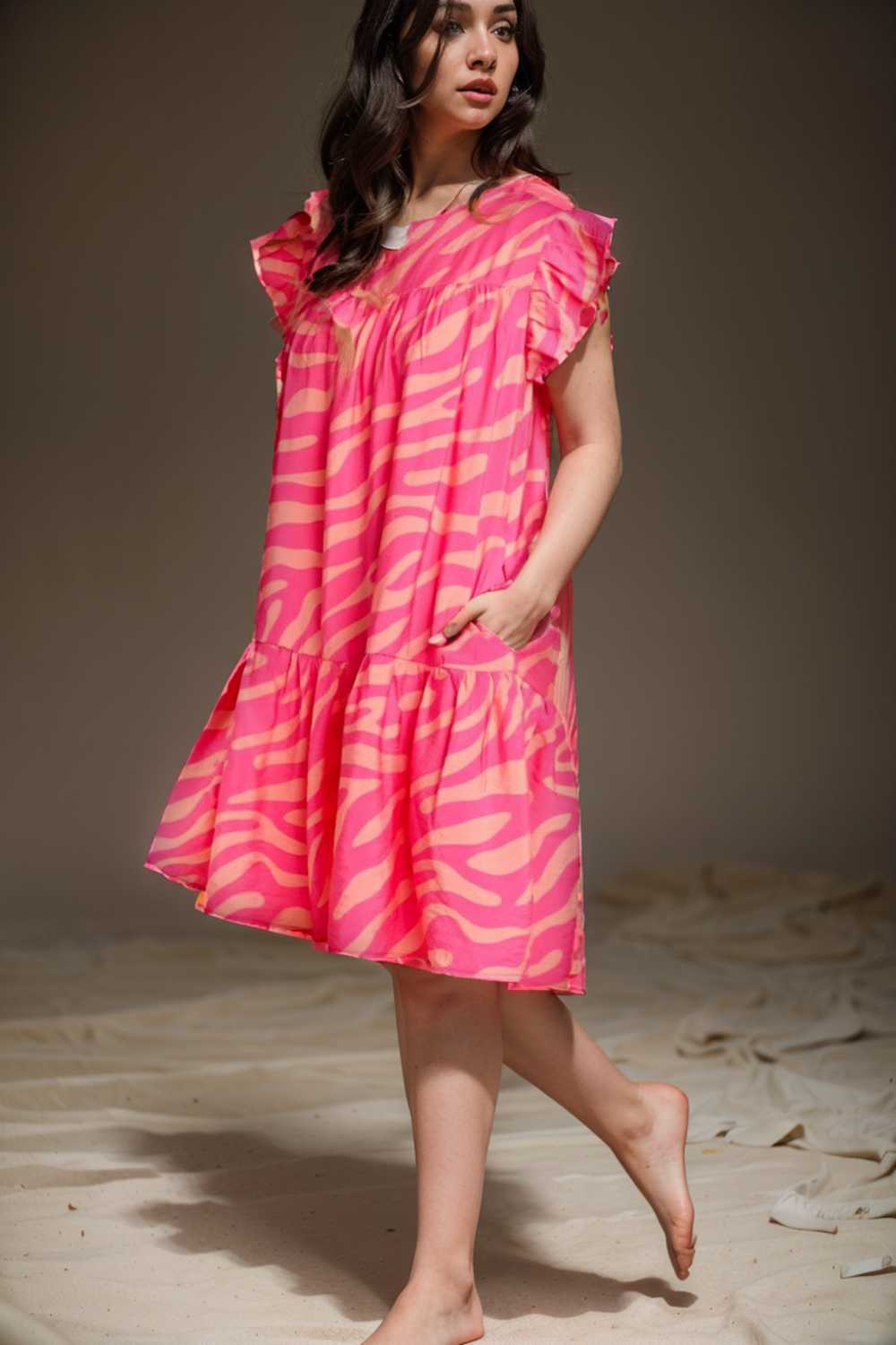 sloping shoulder ruffle print dress 106700