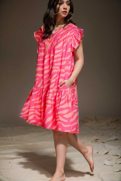 sloping shoulder ruffle print dress 106700