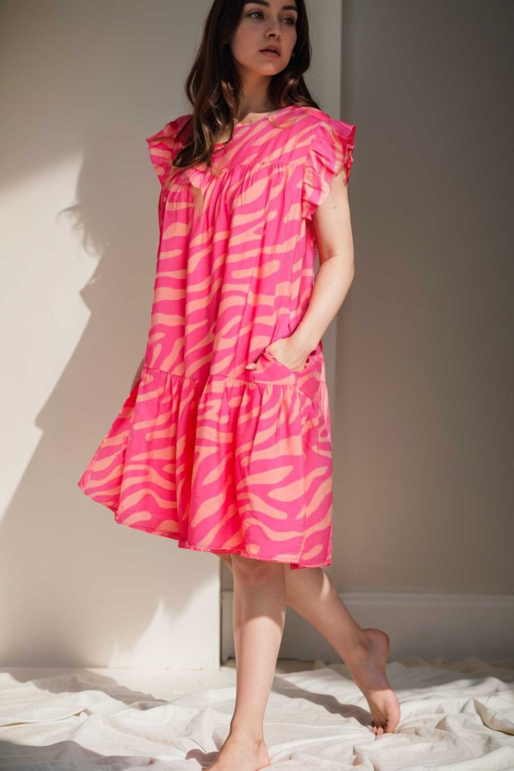 sloping shoulder ruffle print dress 106699