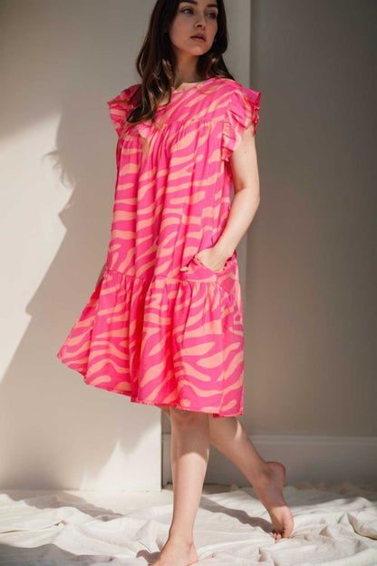 sloping shoulder ruffle print dress 106699