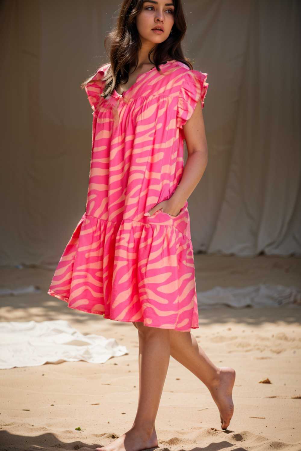 sloping shoulder ruffle print dress 106698