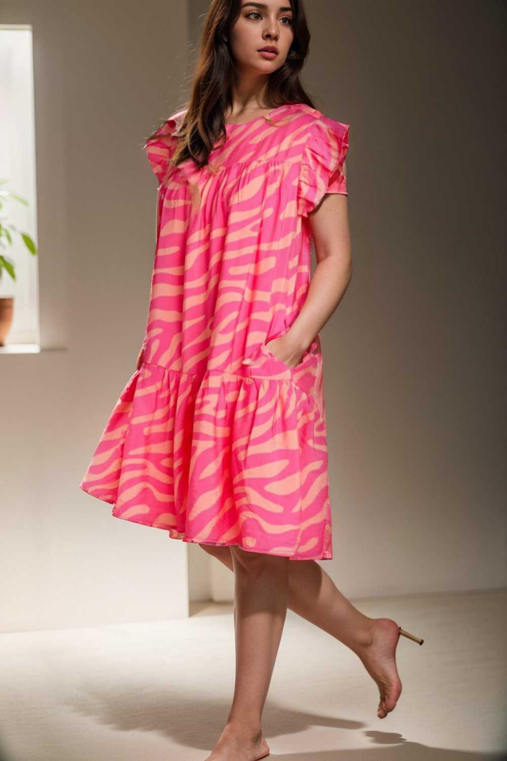 sloping shoulder ruffle print dress 106697