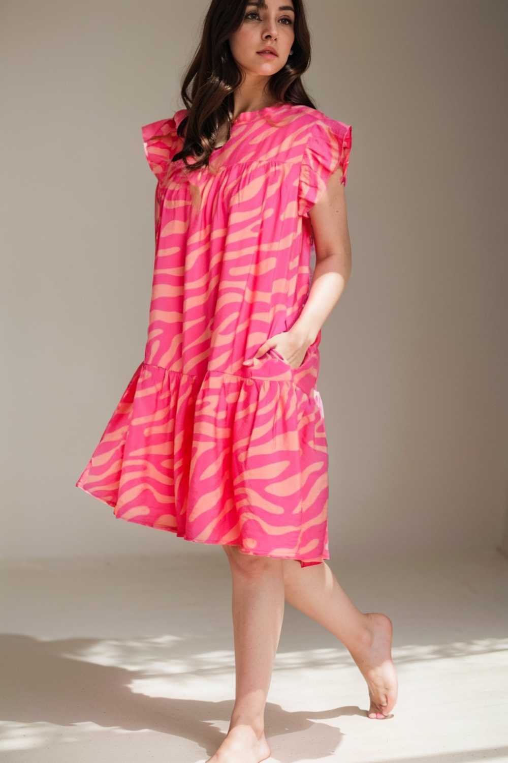 sloping shoulder ruffle print dress 106694