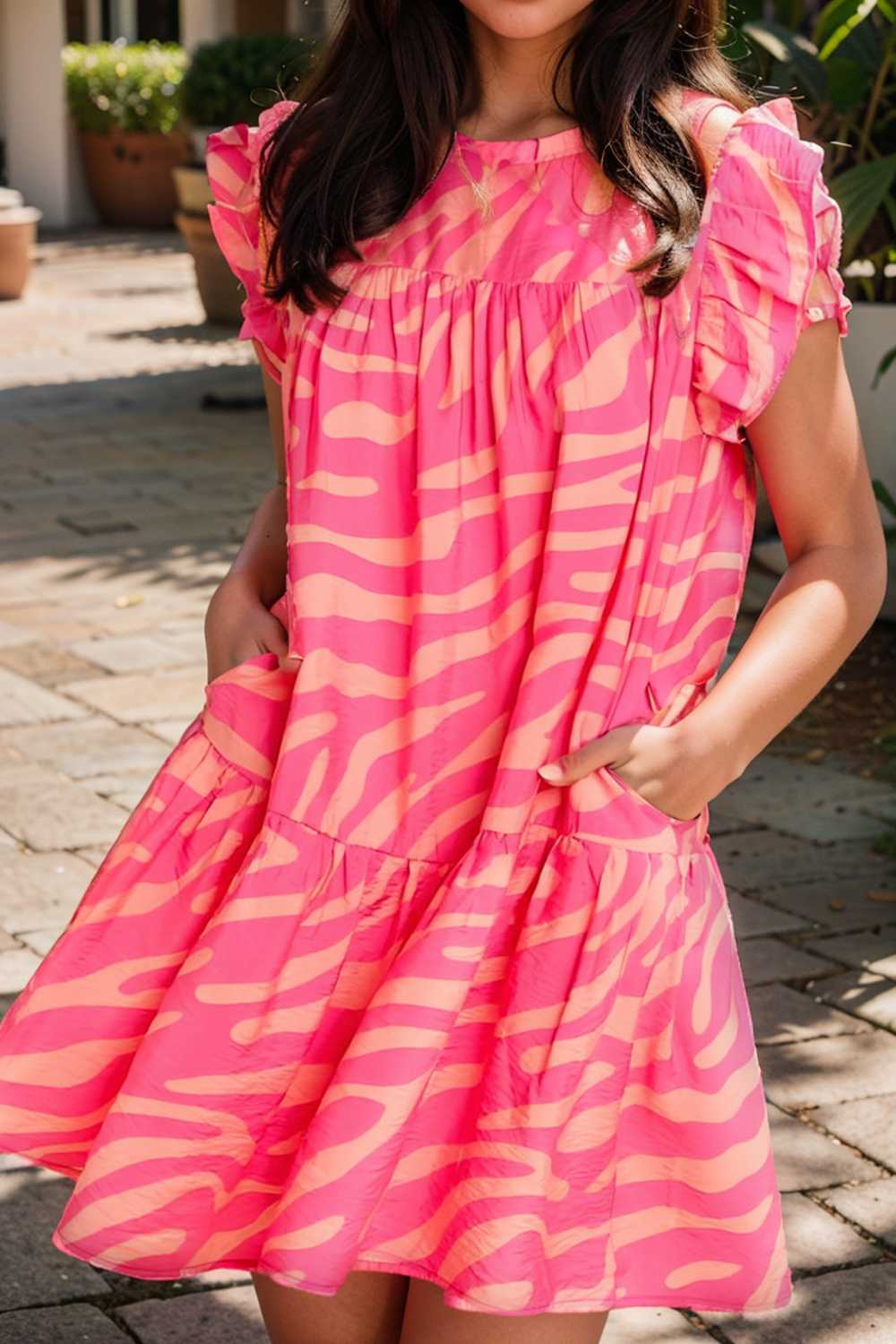 sloping shoulder ruffle print dress 111098