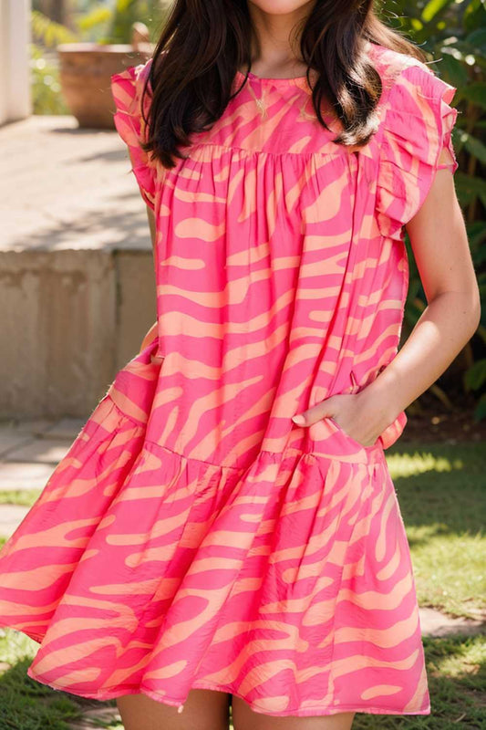 sloping shoulder ruffle print dress 110195