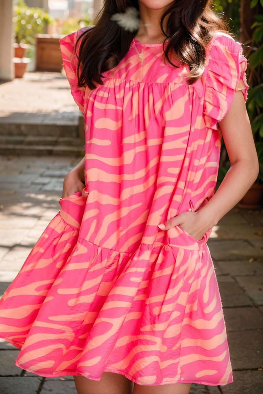 sloping shoulder ruffle print dress 106690