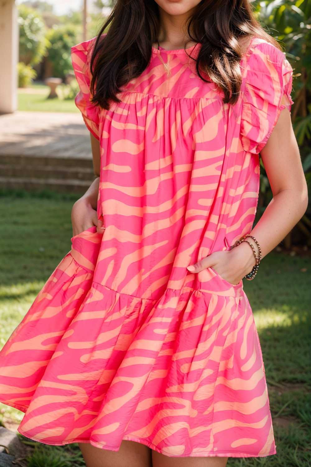sloping shoulder ruffle print dress 106688