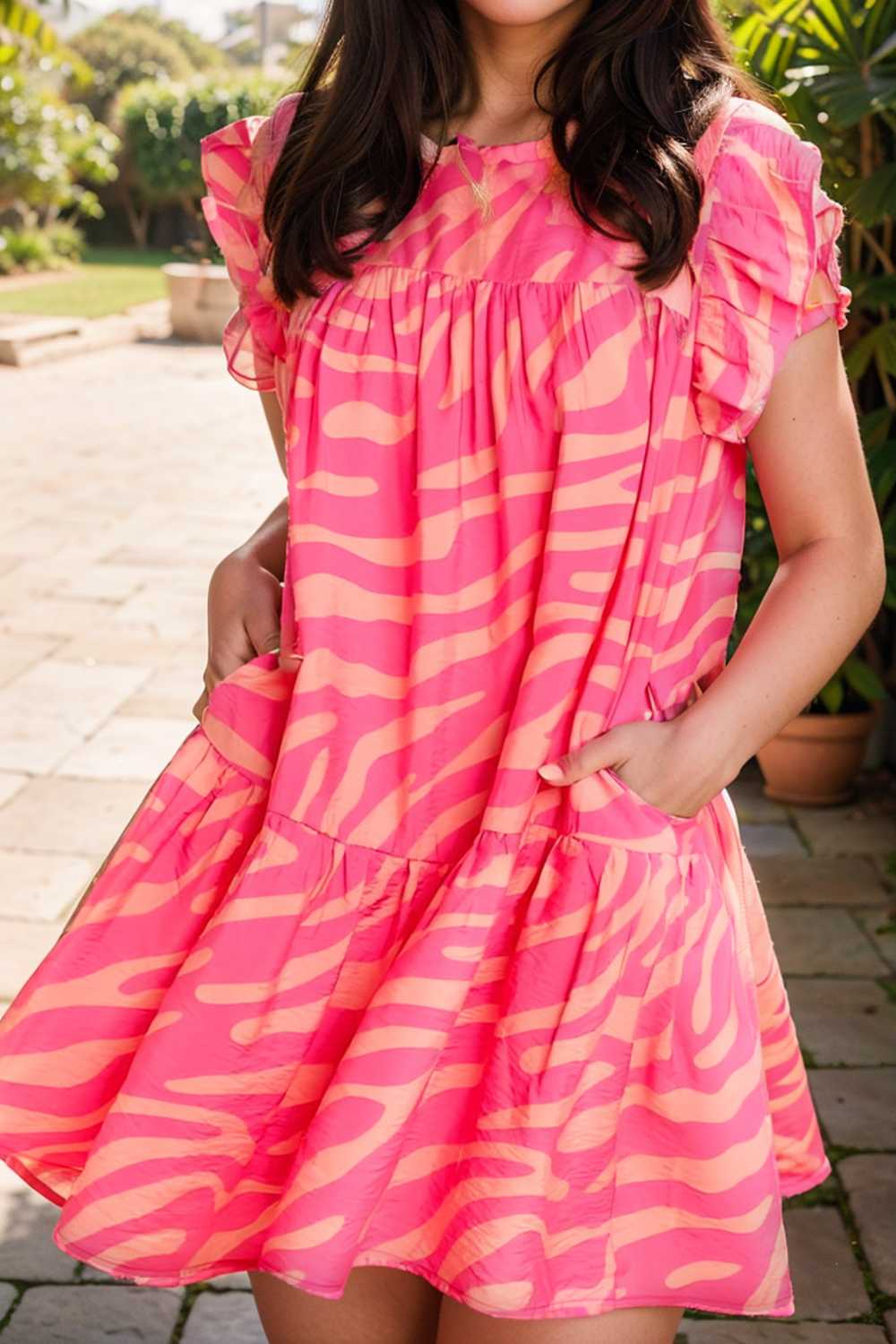 sloping shoulder ruffle print dress 106686