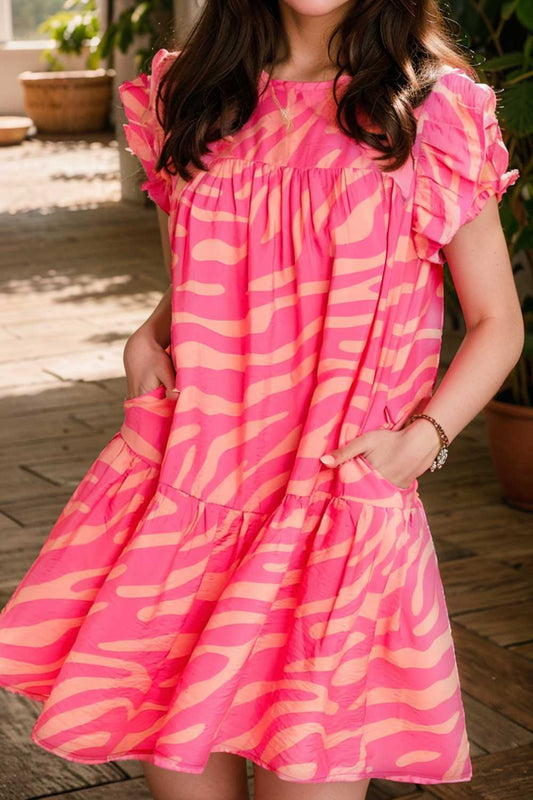 sloping shoulder ruffle print dress 107603