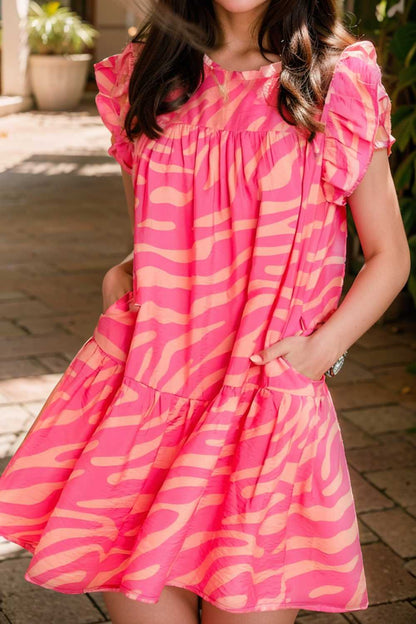 sloping shoulder ruffle print dress 107593