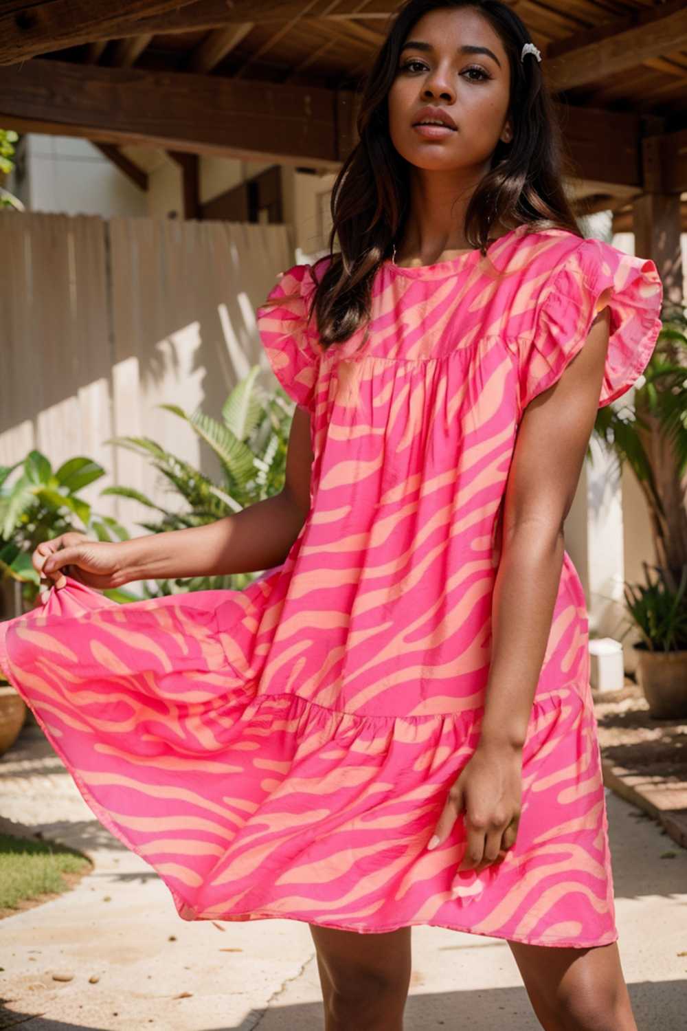 sloping shoulder ruffle print dress 108493