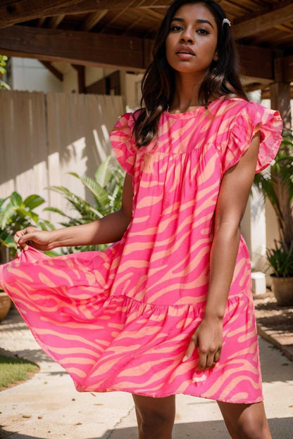 sloping shoulder ruffle print dress 108493