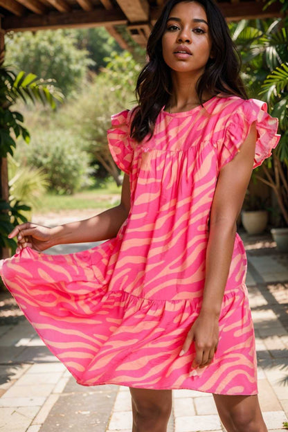 sloping shoulder ruffle print dress 108115