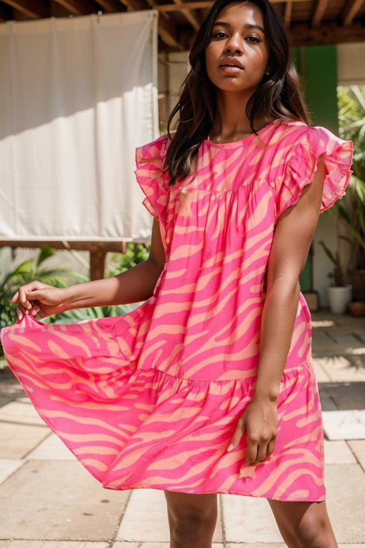 sloping shoulder ruffle print dress 104829