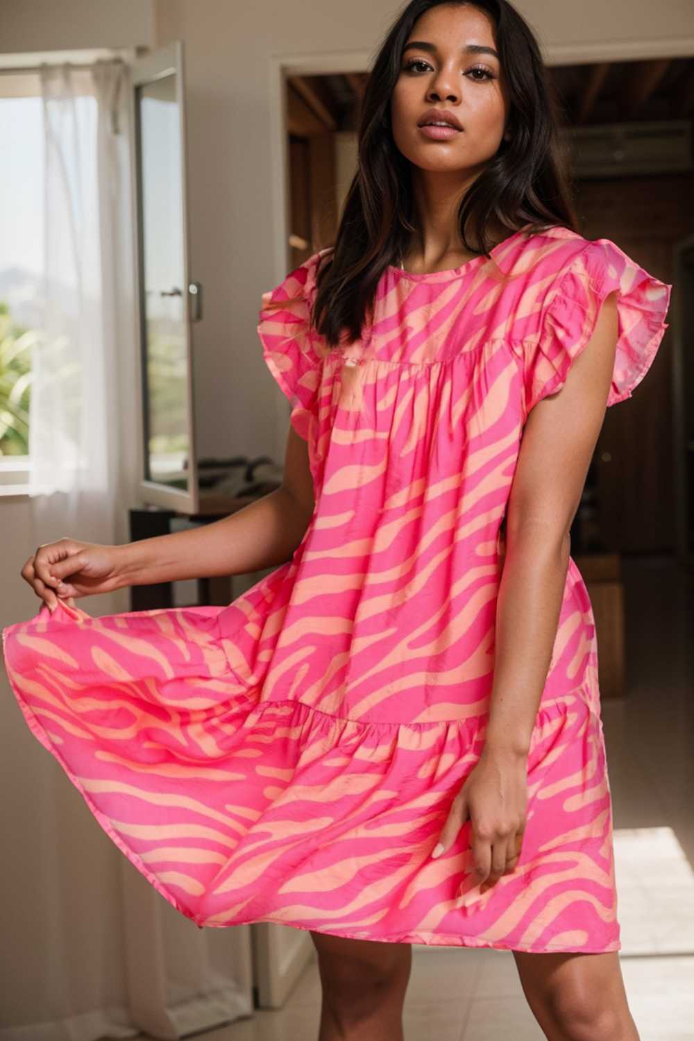 sloping shoulder ruffle print dress 108492