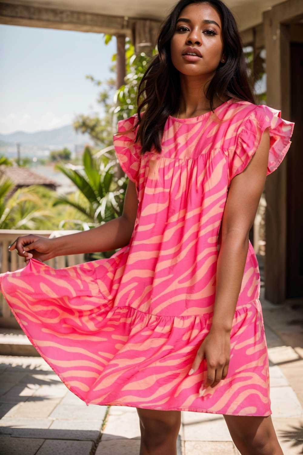 sloping shoulder ruffle print dress 107582